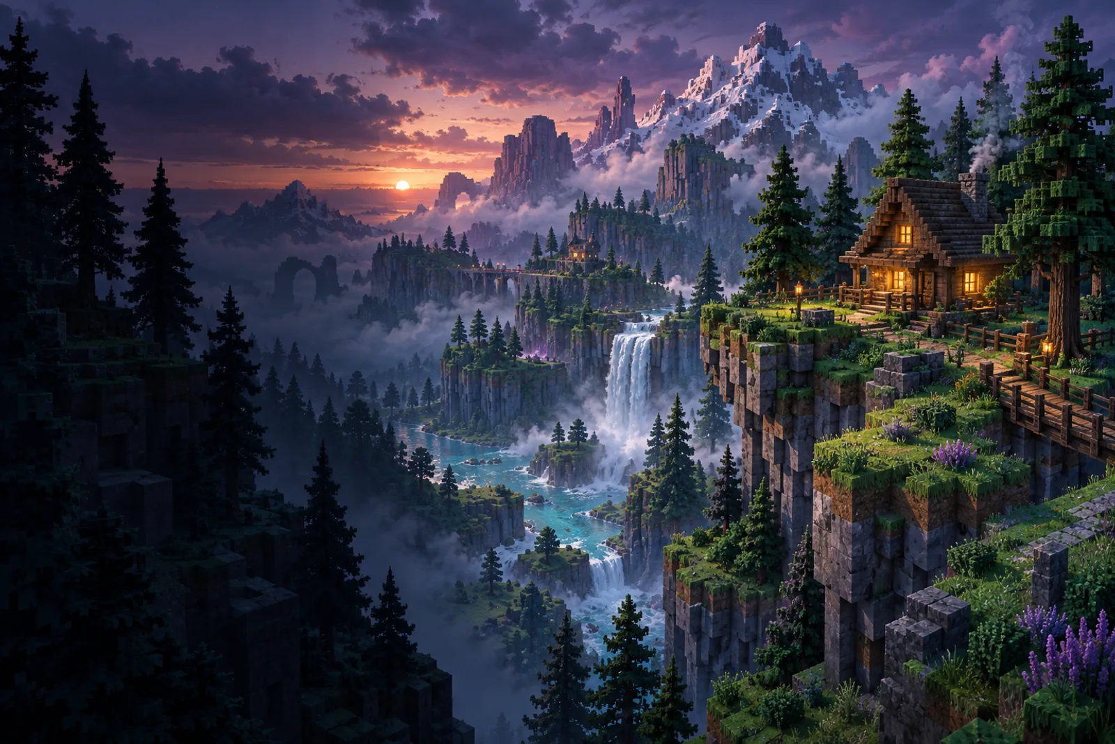 Original voxel world illustration with a riverside cabin, forest and mountain waterfalls
